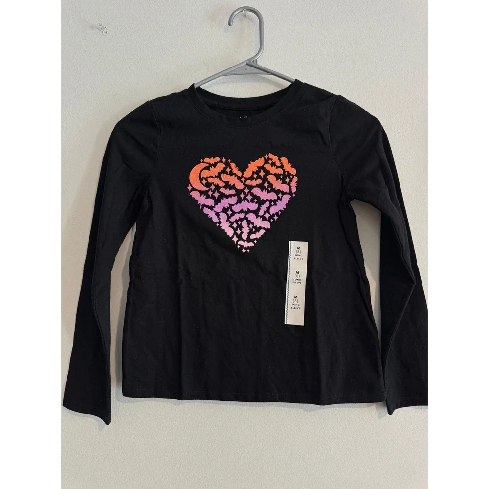 Cat & Jack Bat Heart Graphic Tee girls M 8 Black Glitter Long Sleeve Halloween